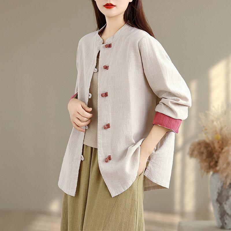 休闲气质文艺复古棉麻撞色长袖衬衫上衣春秋季新款百搭开衫小外套,女装/女士精品,衬衫,淘宝优惠券,粉丝福利购,淘宝优惠卷