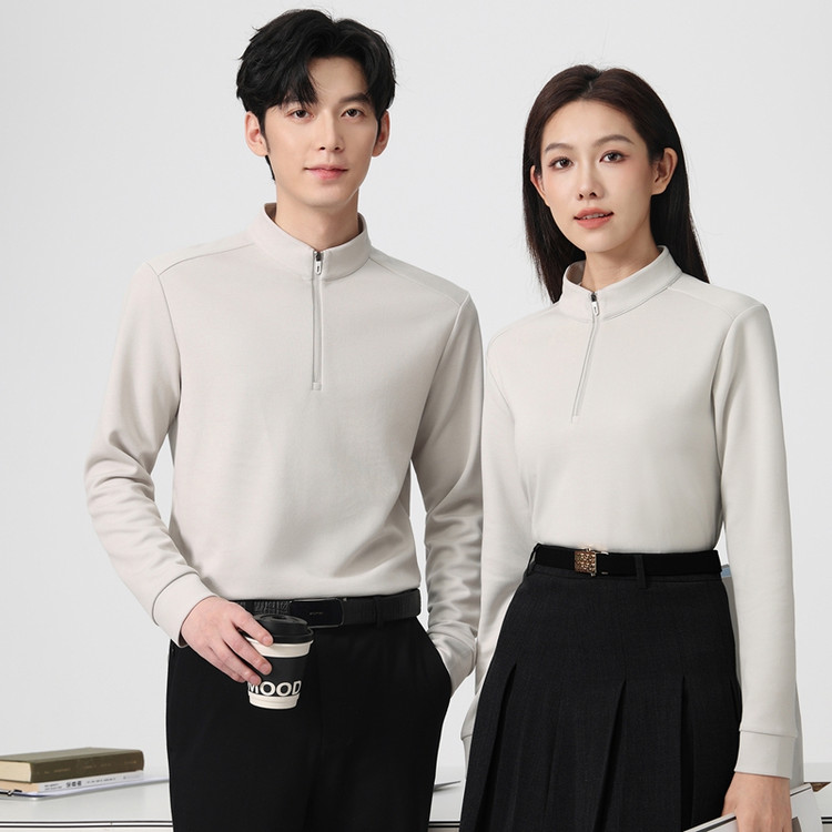 新款宽松莱赛尔棉四季Polo衫打底衫男女款工作装秋冬高半拉链长袖