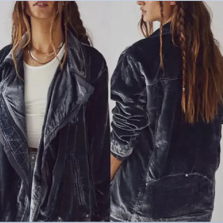 FP原D优雅风丝绒西装领短外套女秋季长袖拉链时尚外套藏蓝色