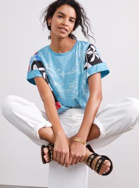 ANTHRO安家原D 蓝色纯棉沙滩印花 民族碎花拼接细节短袖t恤2022夏