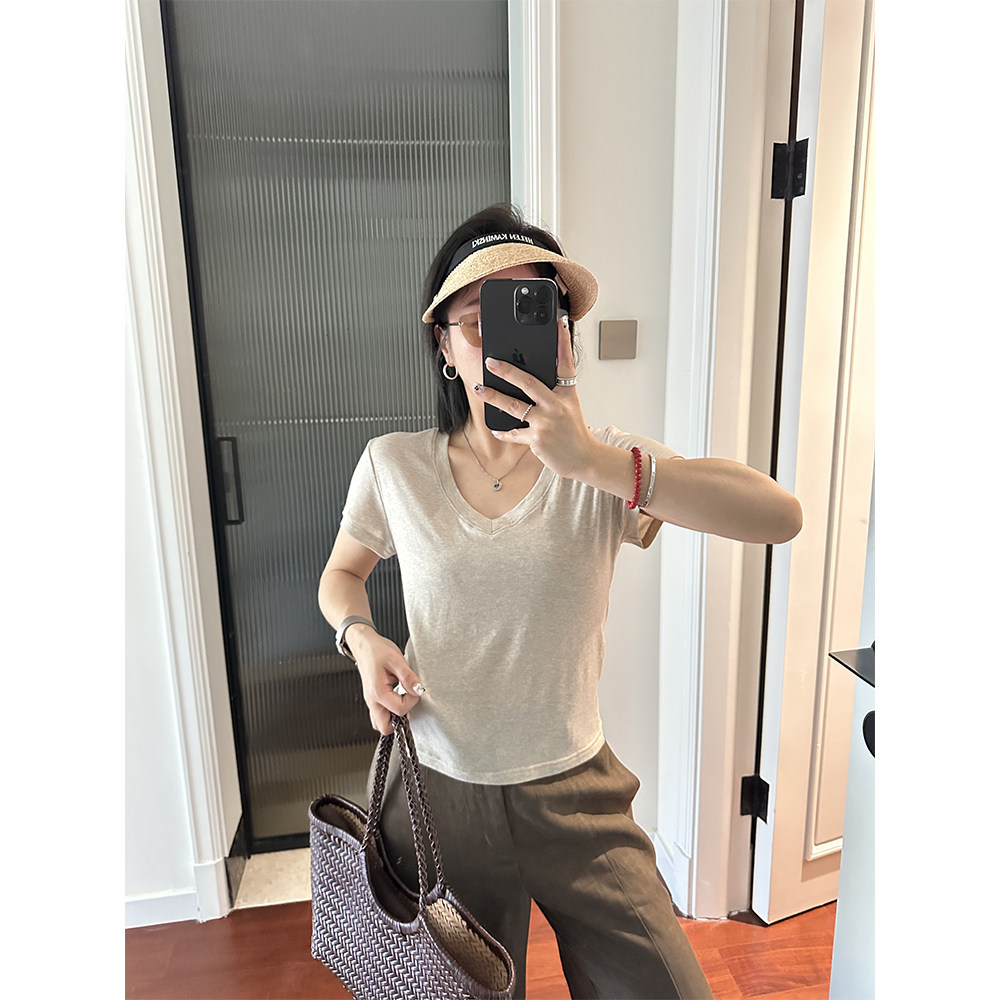 XUZI YU.小个子定制极简风V领短袖T恤女夏季软糯简约显瘦百搭上衣
