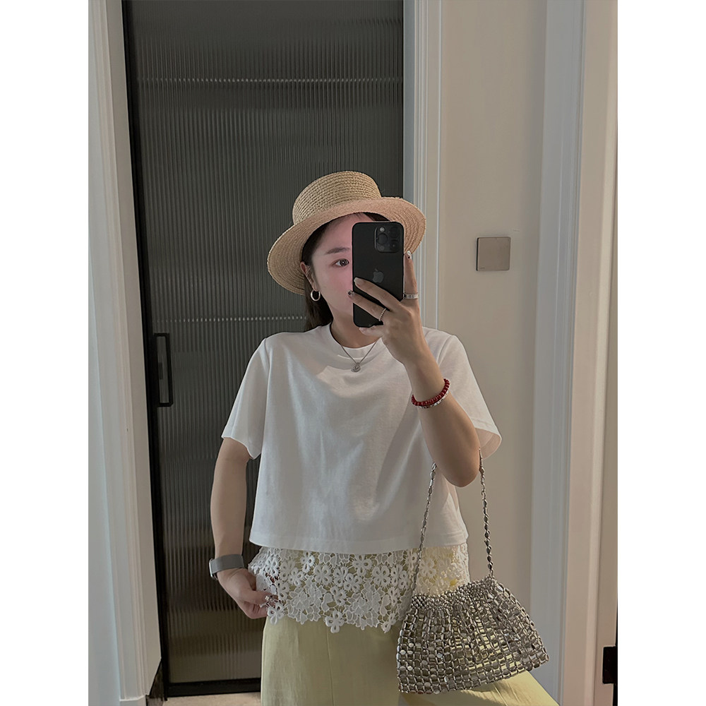 XUZI YU.小个子定制夏蕾丝拼接短袖T恤女韩版百搭设计感显瘦上衣