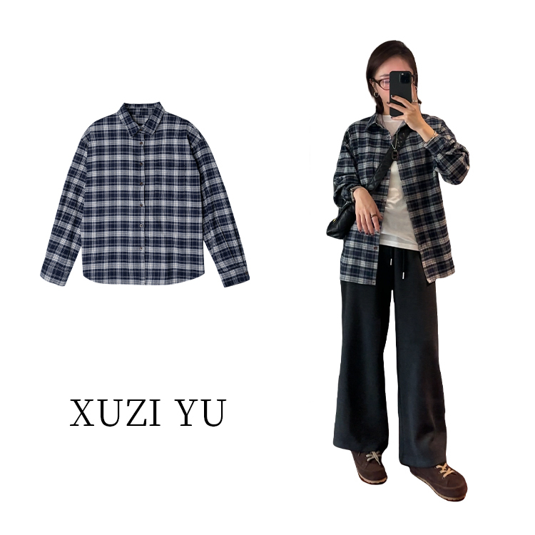 XUZI YU.小个子定制早秋新品格子拼色显瘦长袖衬衫女771-C779800