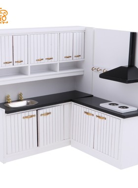 1:12娃娃屋dollhouse迷你厨房橱柜场景模型 白色料理台厨房两件套