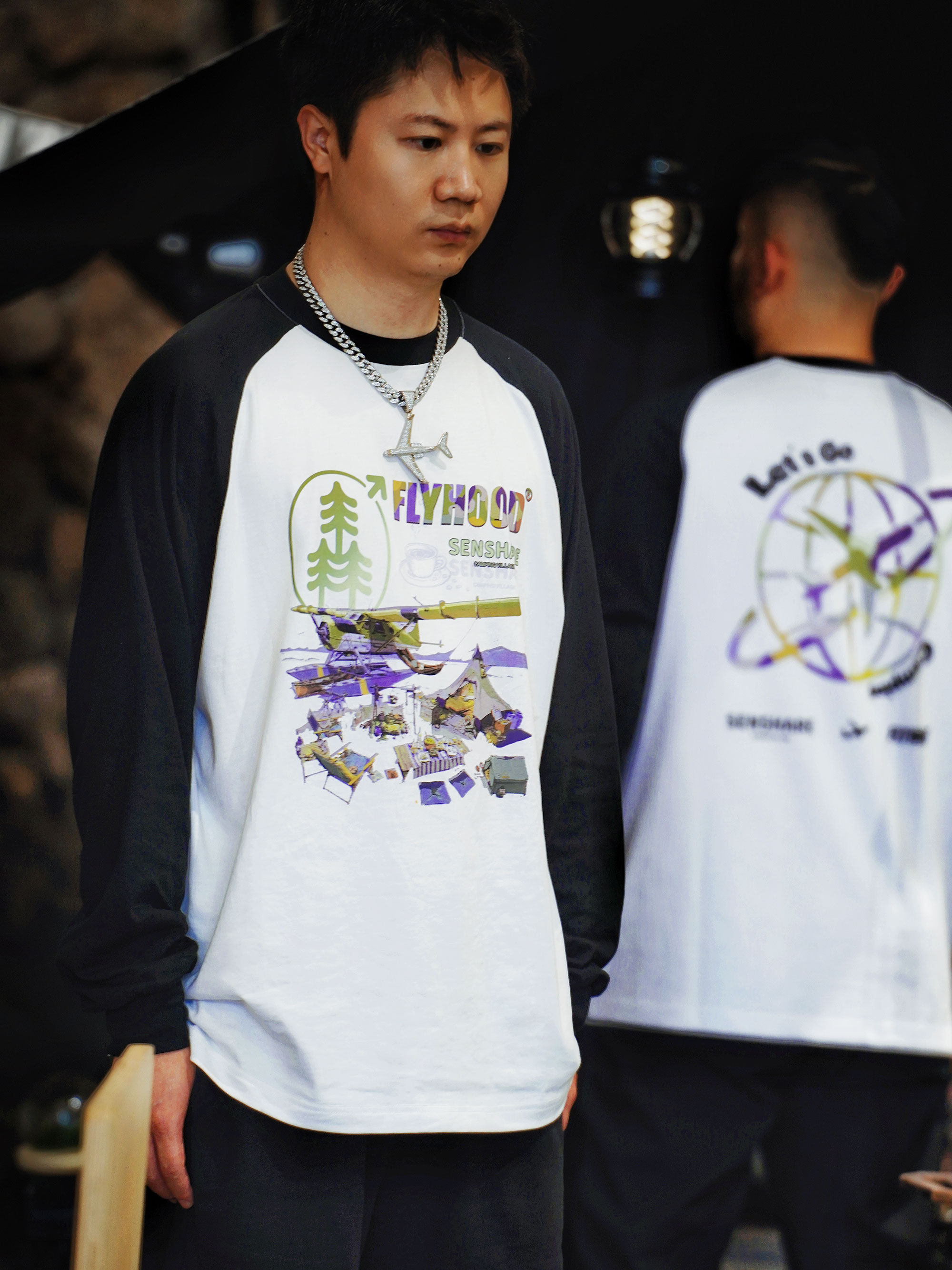 FLYHOOD SENSHARE联名民航联动撞色插肩袖t恤休闲宽松男女同款