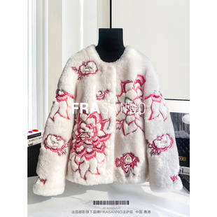 款 万针重工刺绣皮草女外套拉贡皮毛一体时尚 国色无双 FRASANNO