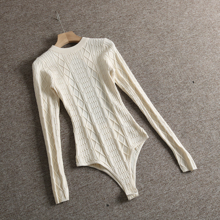 ins辣妹纯欲后背镂空性感修身麻花针织长袖连体衣女
