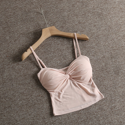 美式辣妹带胸垫前襟扭结性感遮副乳修身短款打底吊带女内搭