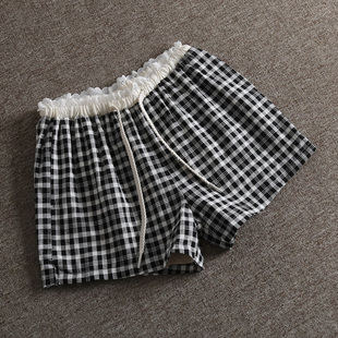 美式辣妹腰部蕾丝花边百搭宽松高腰细格子休闲短裤女阔腿裤