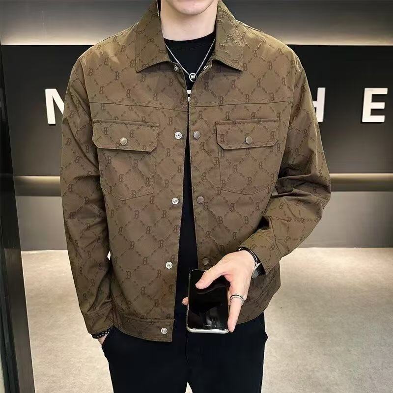 男士春秋季外套潮牌修身翻领印花男装痞帅夹克jacket men coat图片