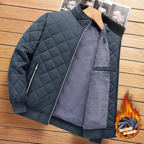 Autumn Winter Bomber Jacket Men Diamond Pattern Fleece Lined