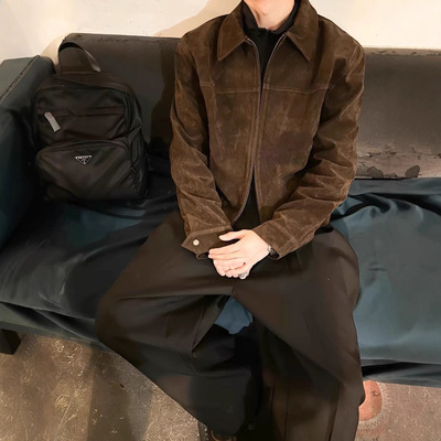 秋冬男士深棕色美式复古外套男