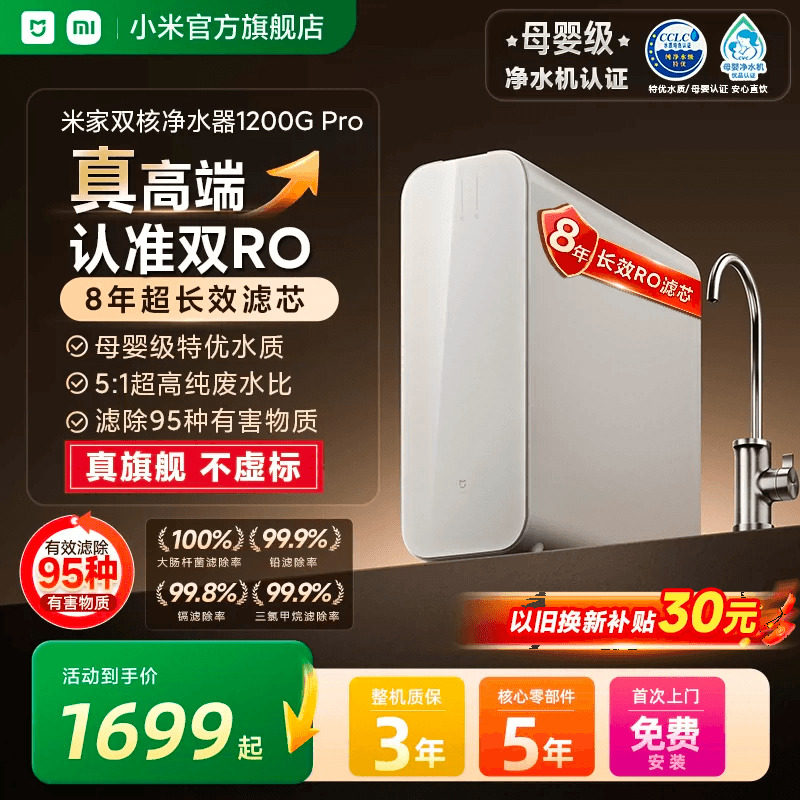 小米官旗米家双核水龙头过滤净水器1200GPro家用直饮自来水净水机