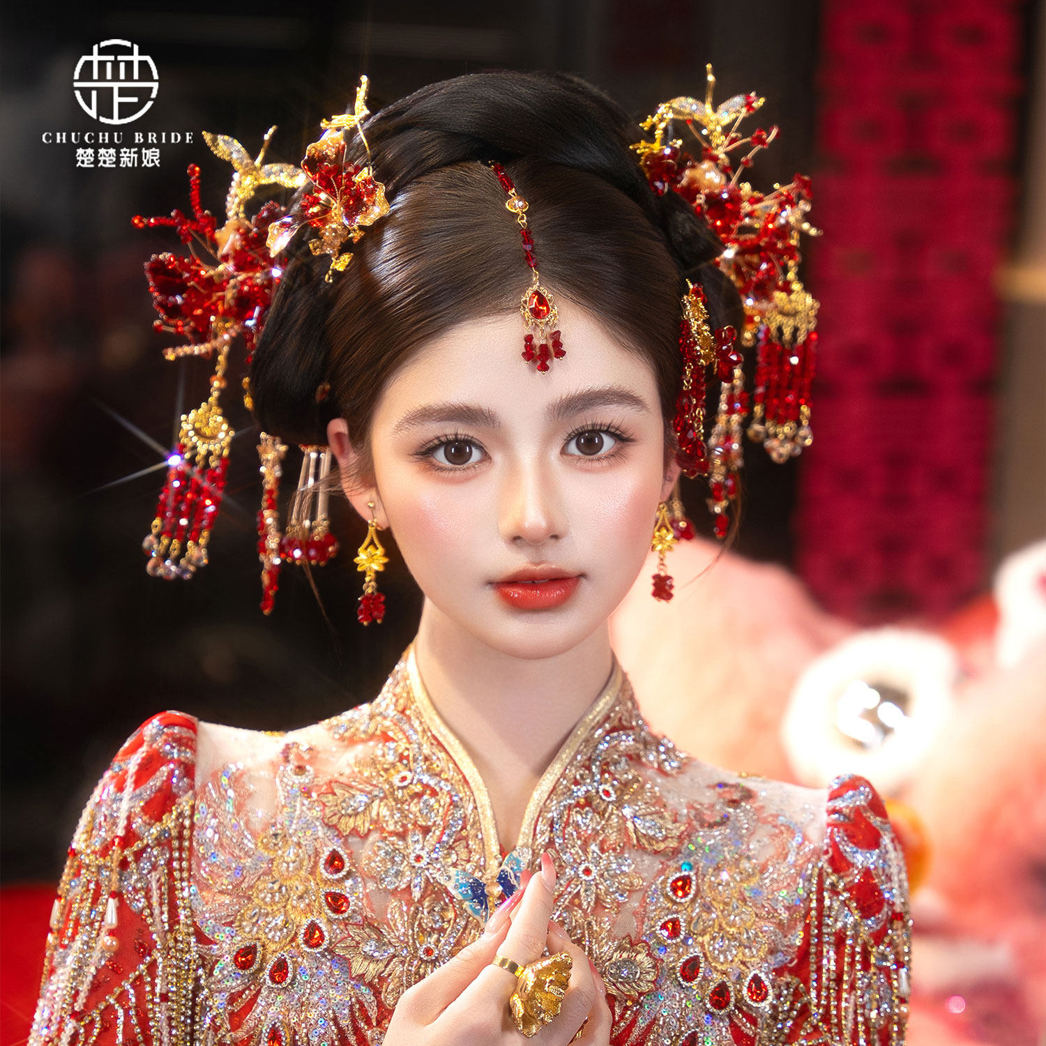 金红色秀禾新娘眉心坠婚礼头饰