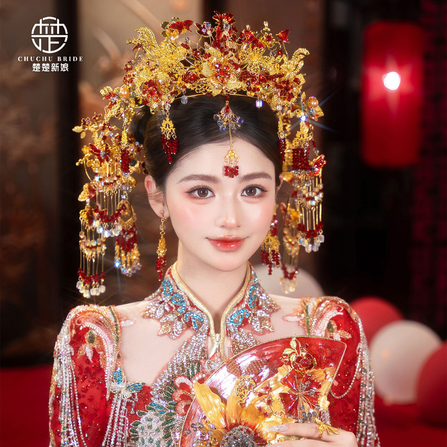 新中式红色凤冠精致古装秀禾头饰新娘汉服传统婚礼复古发饰高级感