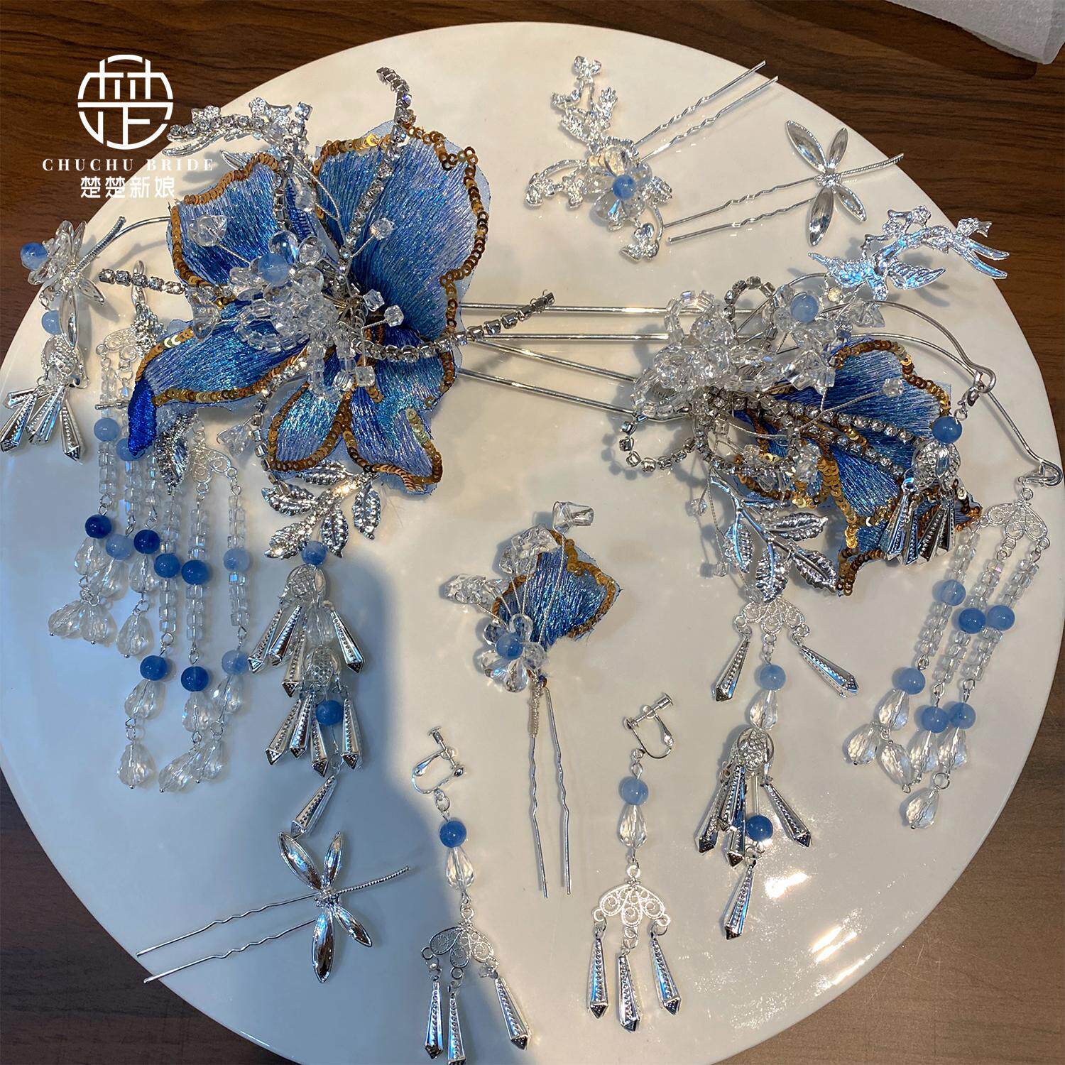 楚楚新娘新款蓝色蝴蝶流苏发簪夹子仙气古风配饰旗袍配饰复古套装