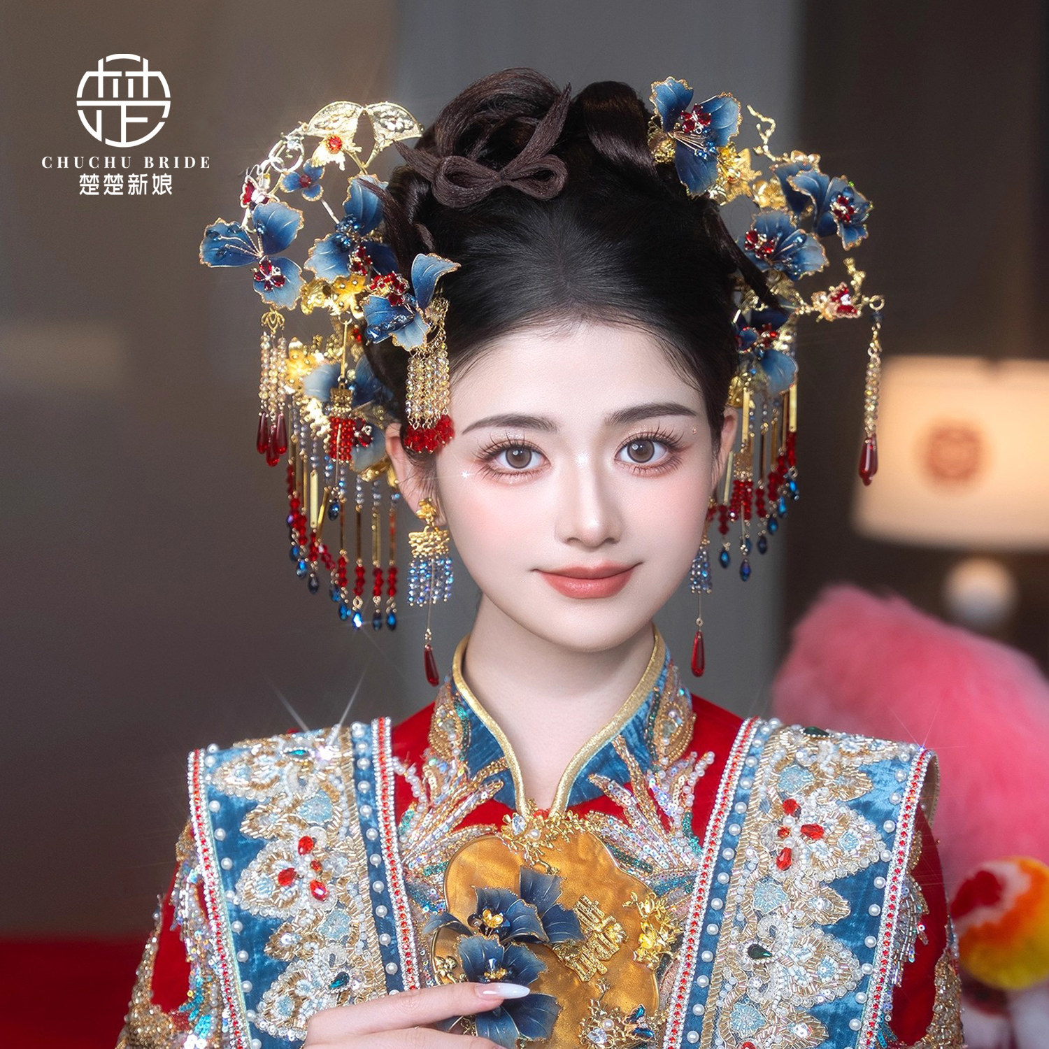 2025新款复古秀禾头饰金蓝色百搭发簪套装婚礼晨袍旗袍跟妆饰品
