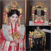 新款 中式 新娘婚礼秀禾服汉服龙凤褂发饰奢华金色长流苏大凤冠配饰