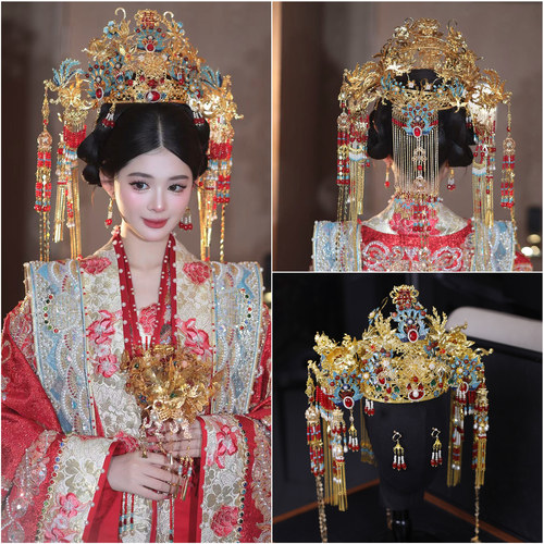 新款中式新娘婚礼秀禾服汉服龙凤褂发饰奢华金色长流苏大凤冠配饰