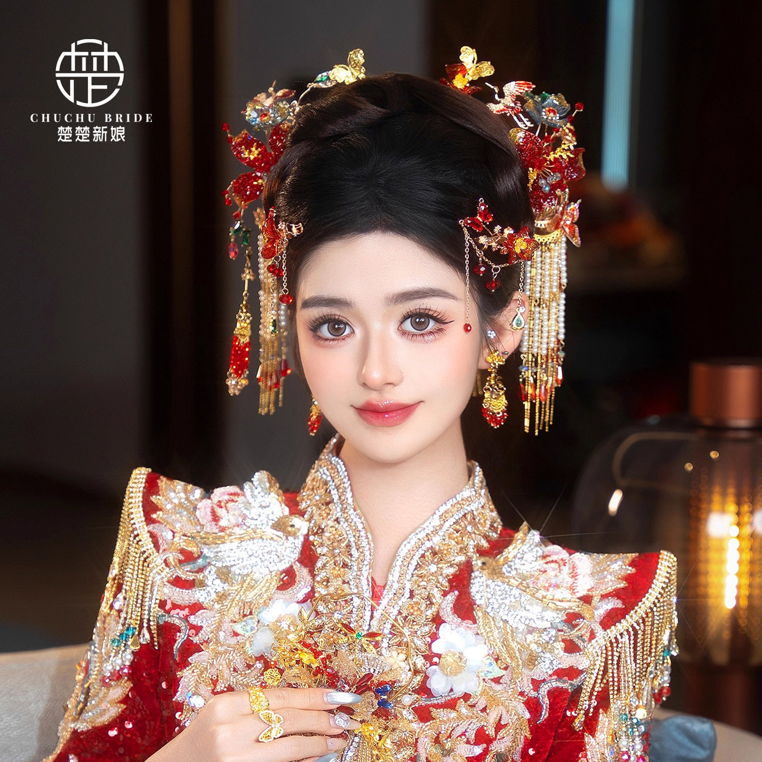 新款中式新娘秀禾传统头饰复古汉服红色水晶水凝胶凤钗古装发饰
