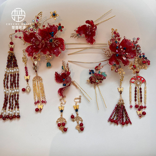 2025新款红金色新娘头饰秀禾古风水凝胶花朵国风新中式龙凤褂发饰