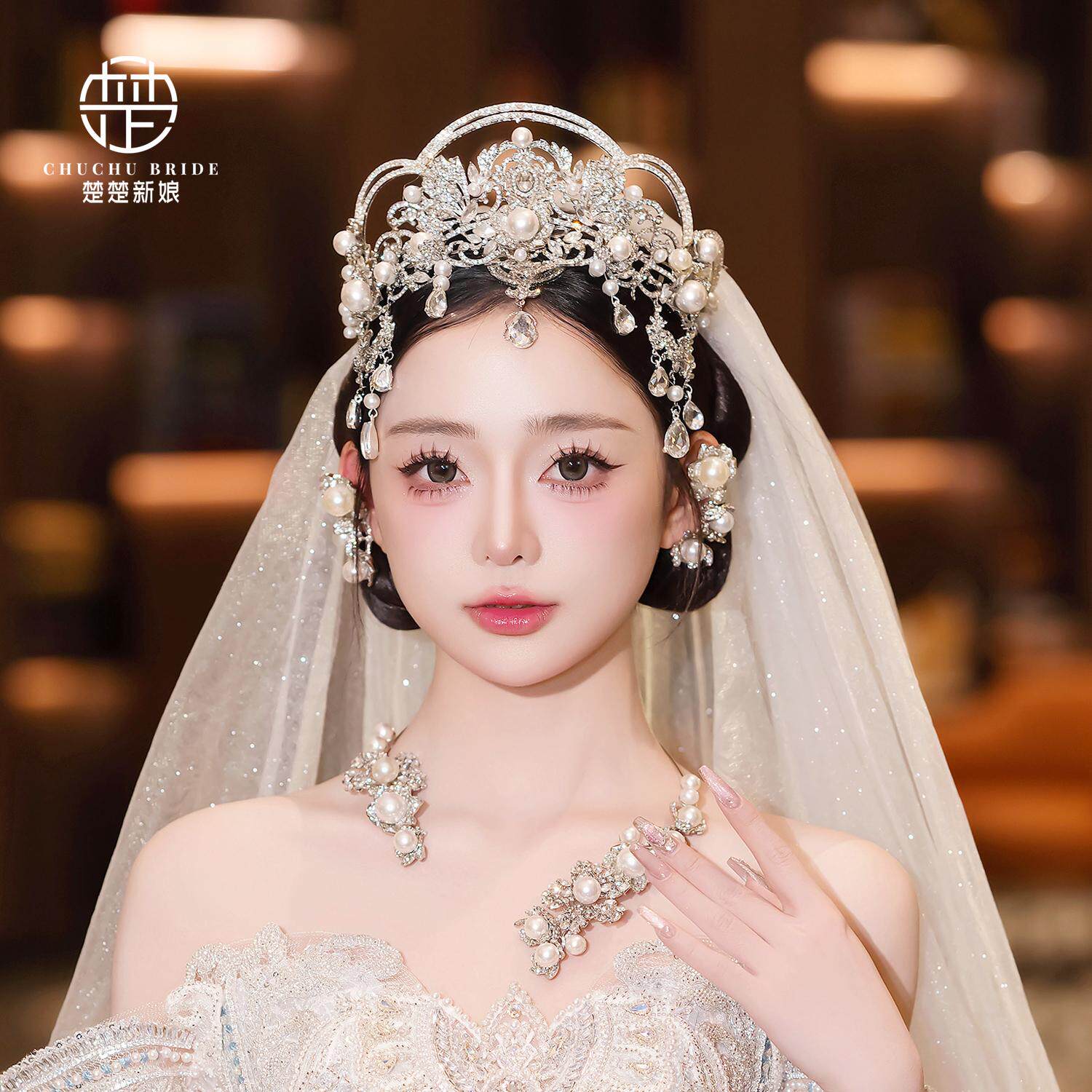 新款日韩婚礼新颖水钻珍珠项圈新娘结婚礼服跟妆宴会时尚项链耳夹