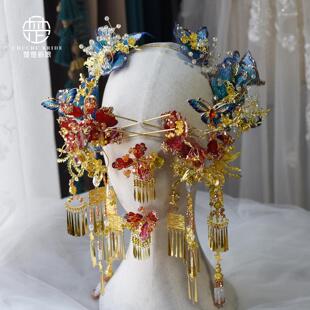 红金蓝色新中式秀禾龙凤褂汉服旗袍新娘簪花朵头饰南洋礼服配饰品