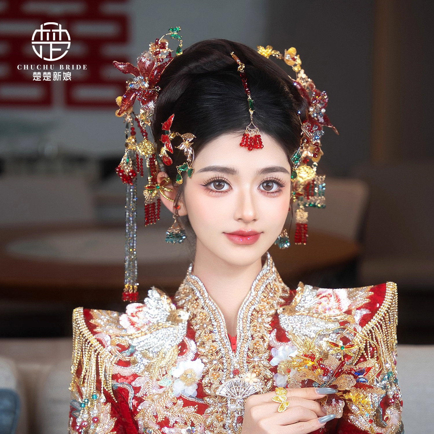 新款中式婚礼新娘汉服传统发饰品唯美手工水晶簪子古装复古头饰