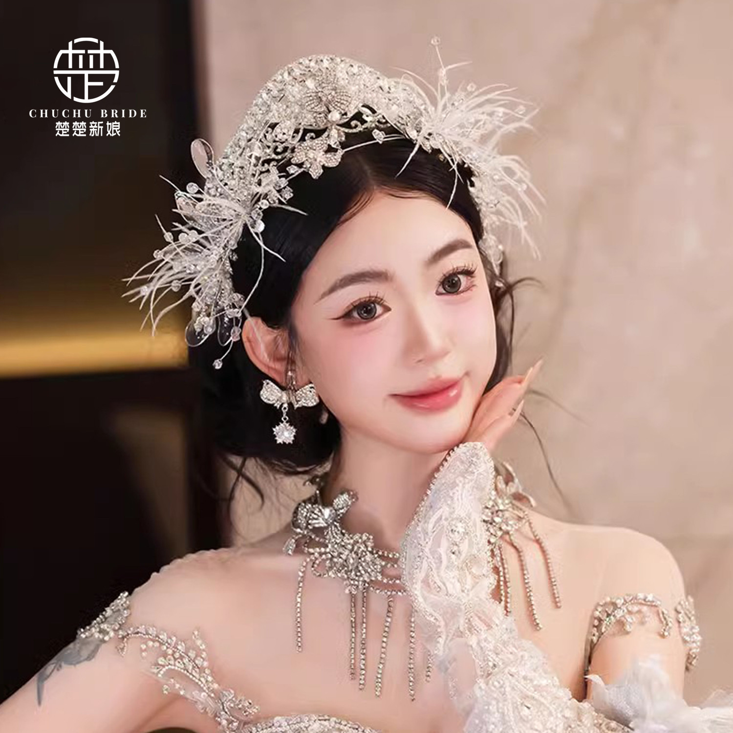 韩式婚纱皇冠新娘王冠耳环头饰减龄主纱造型婚礼公主冠羽毛发饰品