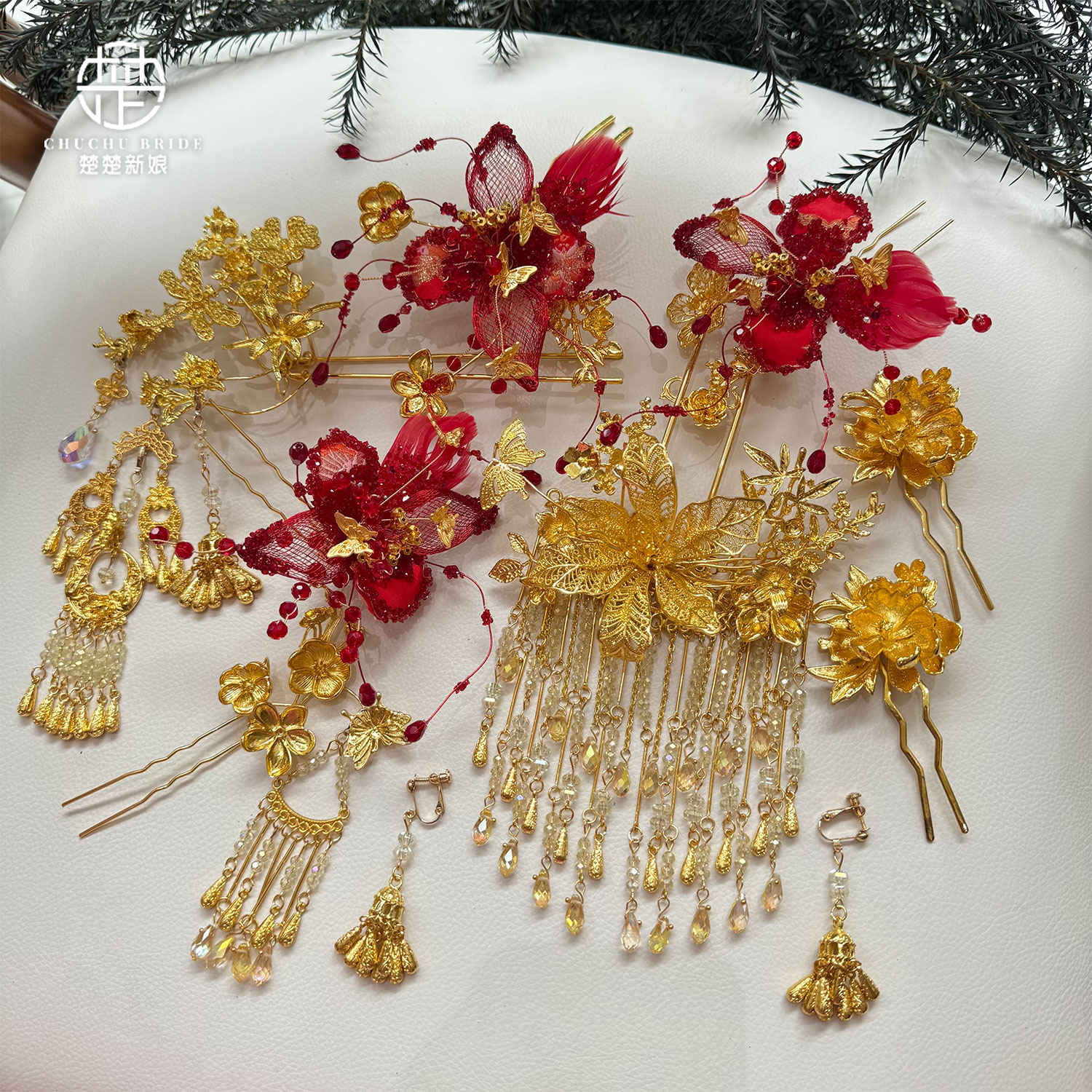 新中式红金花流苏新娘发夹
