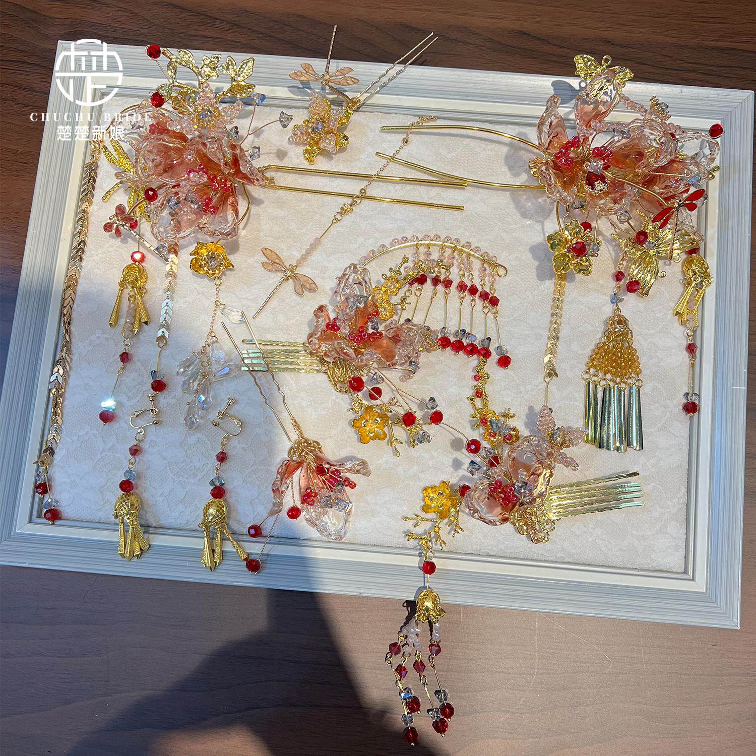 龙凤褂金色旗袍简约大气新娘头饰