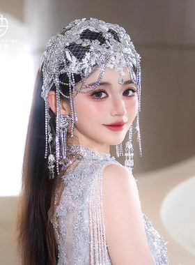 新款流苏头饰帽子新娘饰品个性镶钻流苏夸张覆古宴会头饰婚纱礼服