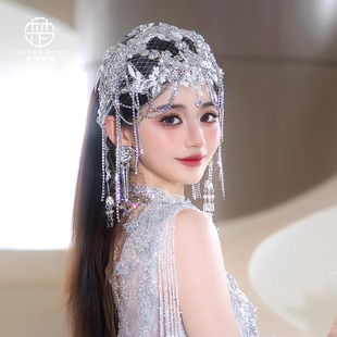 新款流苏头饰帽子新娘饰品个性镶钻流苏夸张覆古宴会头饰婚纱礼服