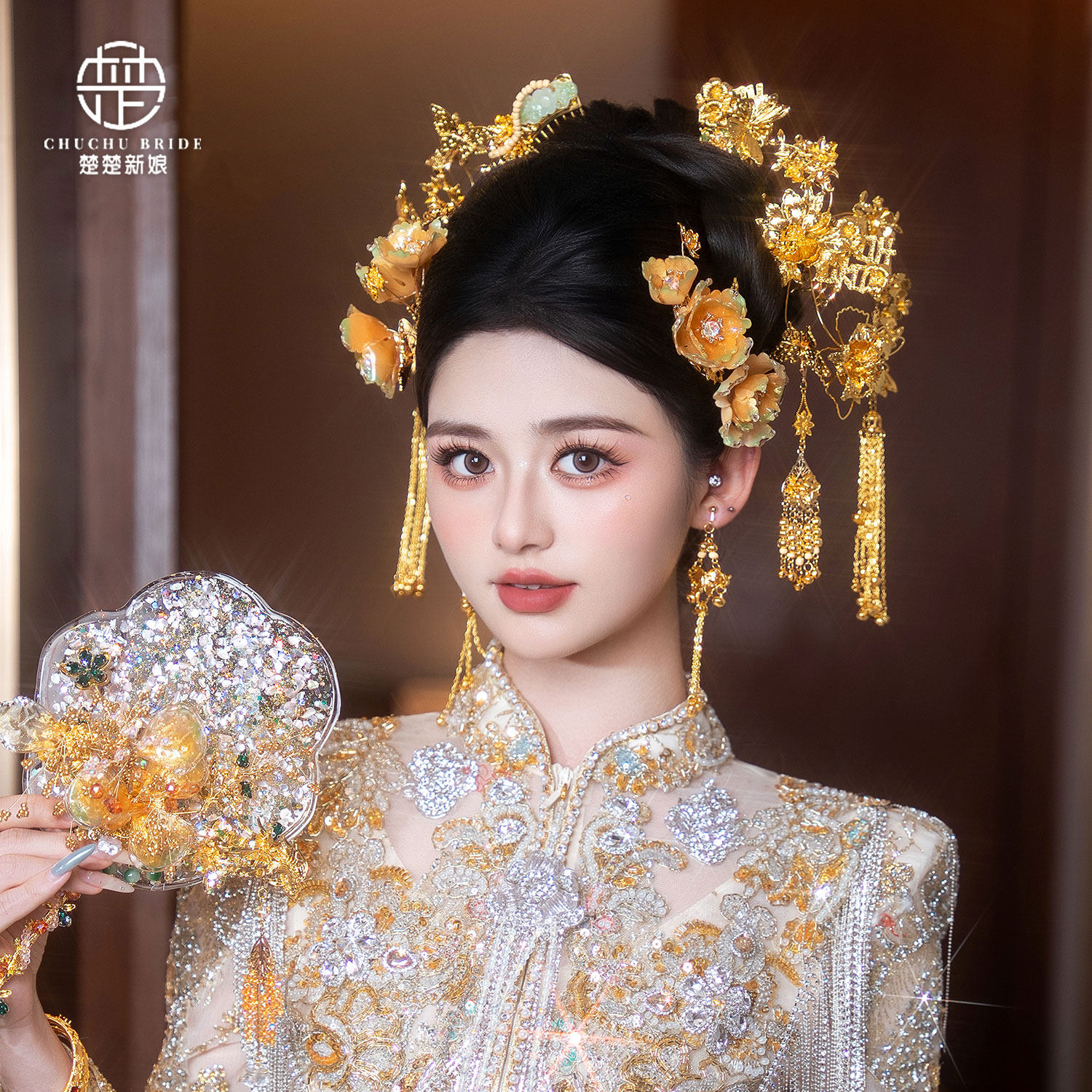 中式婚礼精致水凝花钗减龄古装中国风汉服发饰新娘龙凤褂复古头饰