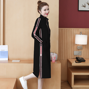 不带帽卫衣女春秋2021新款时尚大码宽松过膝半拉链立领中长款外套