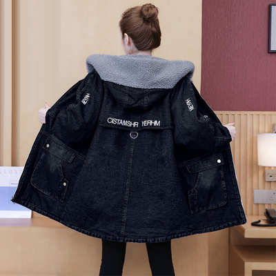 羊羔毛牛仔外套冬季加绒中长款