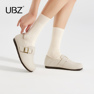 UBZ 勃肯鞋女士2024年春季新款牛皮白色软底皮面一脚蹬博肯单鞋子