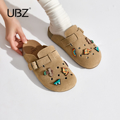 包头洞洞勃肯半拖鞋 女外穿2026年春季 新款 UBZ 软底厚底真皮懒人鞋