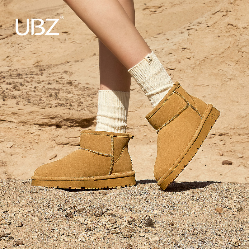 UBZ 防水雪地靴女鞋新款2025灰色冬季加绒加厚短靴一脚蹬面包棉鞋