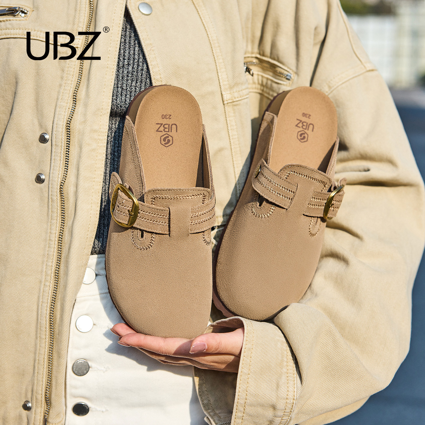 UBZ 防水包头厚底勃肯半拖女外穿2026春季新款增高一脚蹬博肯拖鞋