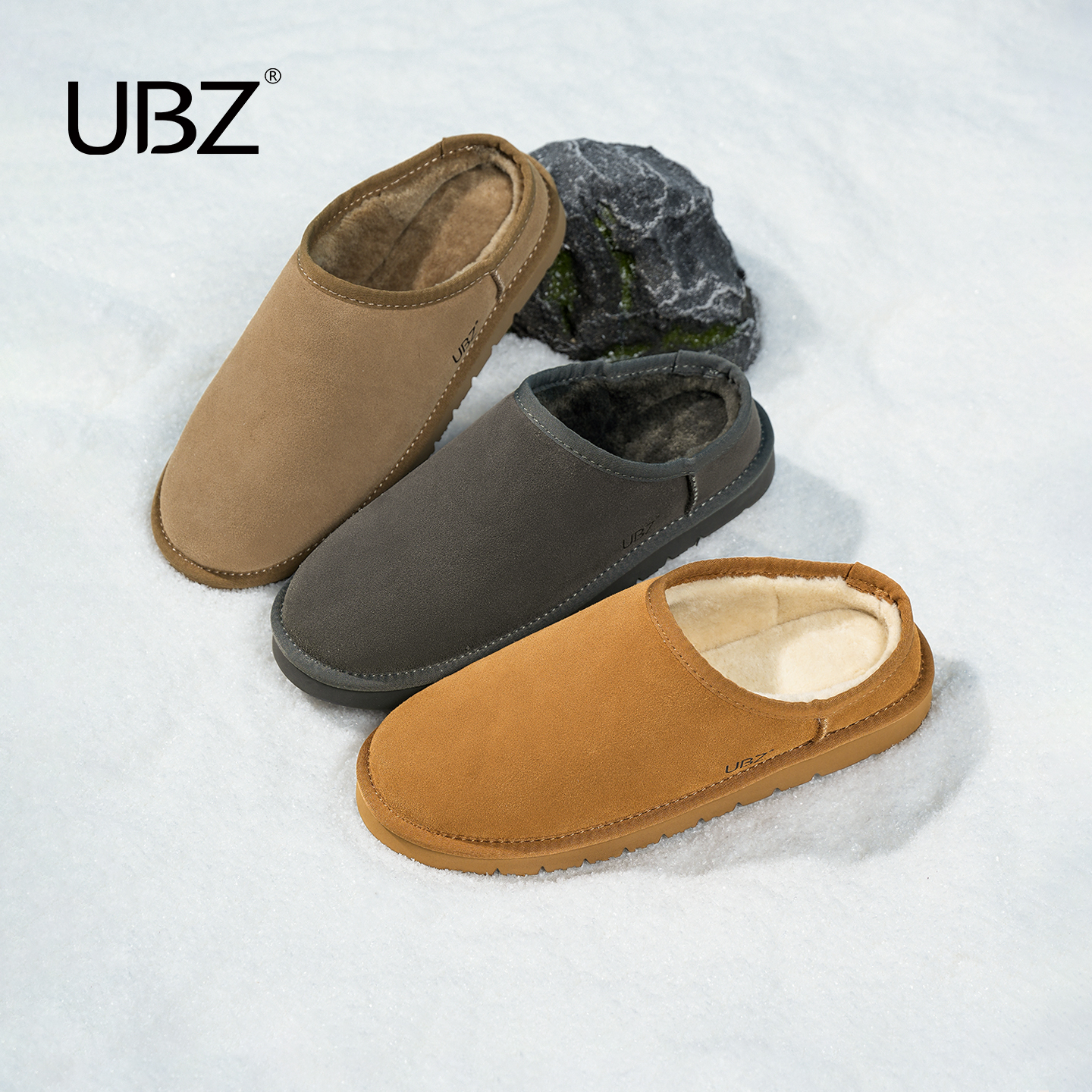 UBZ 防水加绒雪地靴半拖鞋男士外穿2025年冬季新款懒人包头拖鞋