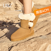 UBZ 防水毛毛厚底牛角扣雪地靴女2026冬加绒加厚保暖东北增高棉鞋