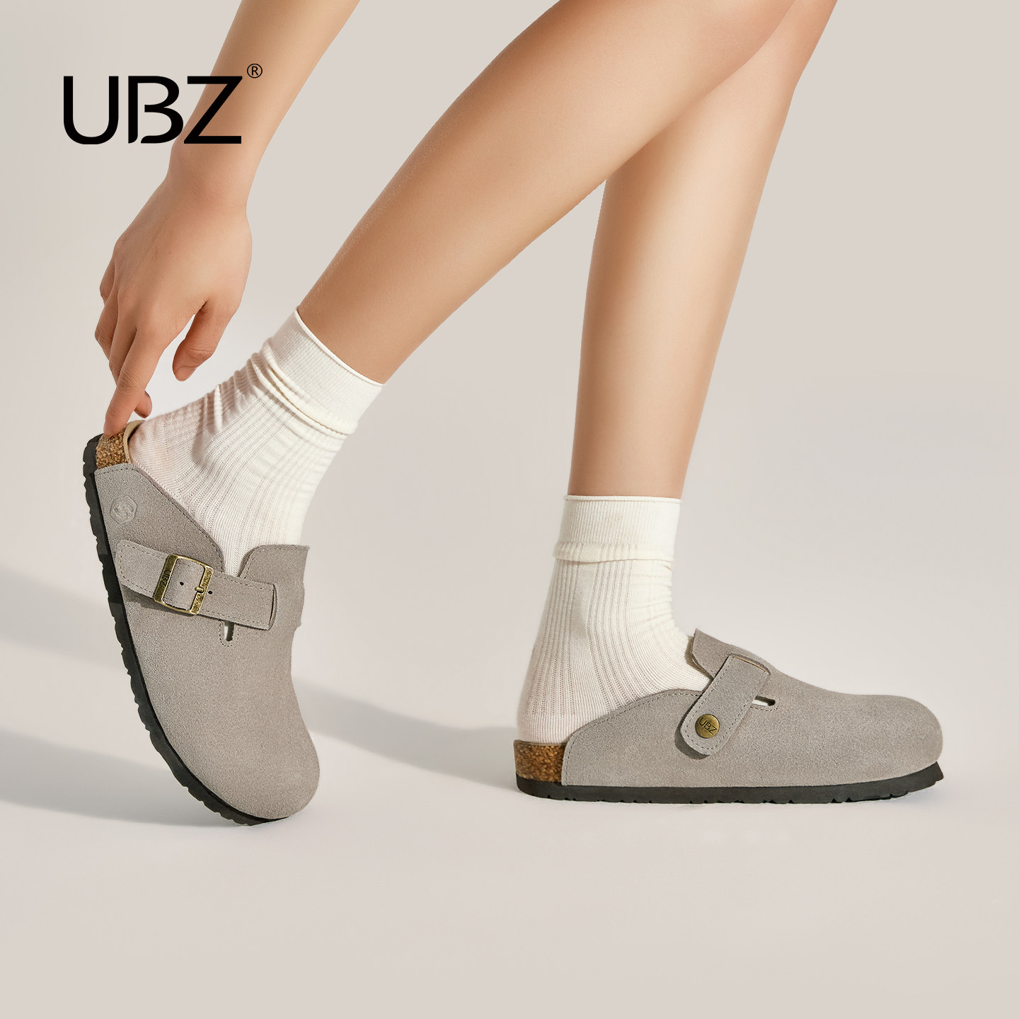 UBZ 宽版防水灰色勃肯鞋女春秋半拖鞋子情侣男士真皮孕妇博肯单鞋