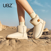 加绒加厚东北女士棉鞋 UBZ 白色皮面防水雪地靴女2026新款 牛皮短靴