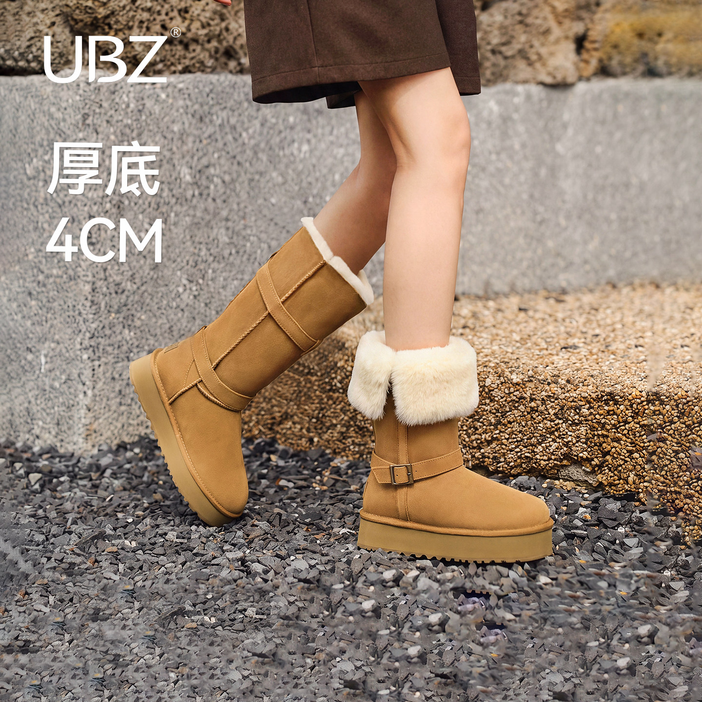 UBZ厚底长筒雪地靴女加绒保暖