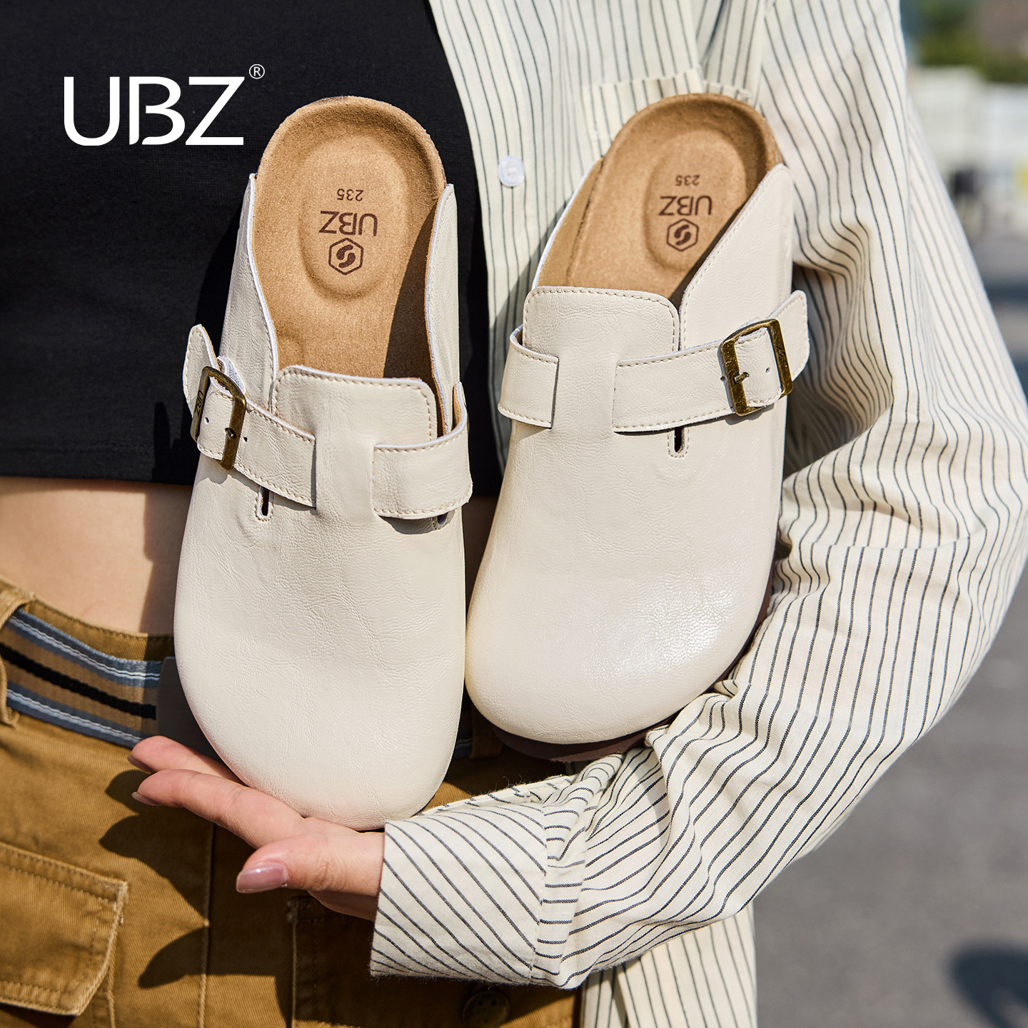 UBZ 宽版防水皮面白色勃肯半拖女2026春季新款厚底包头休闲博肯鞋