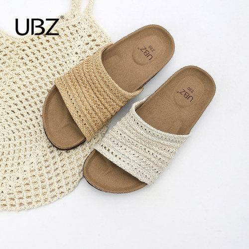 UBZ 一字编织勃肯拖鞋女夏外穿2026年新款博肯凉鞋平底休闲孕妇鞋