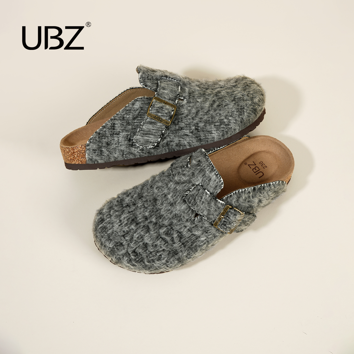 UBZ 灰色毛毡勃肯半拖鞋女外穿2025年秋季新款复古百搭包头博肯鞋