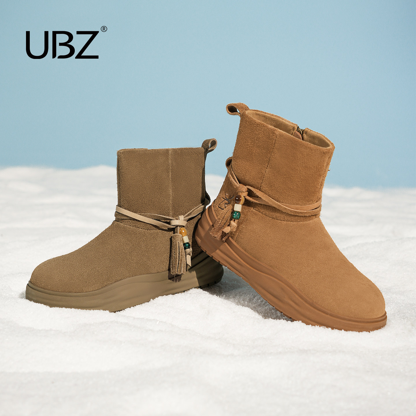 UBZ 厚底串珠雪地靴女流苏2026冬新款东北加绒加厚短筒时尚棉鞋