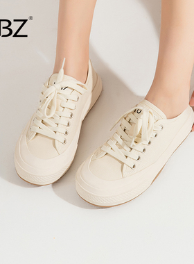UBZ防水白色帆布鞋女春秋款2026新款百搭小白鞋透气 复古休闲板鞋